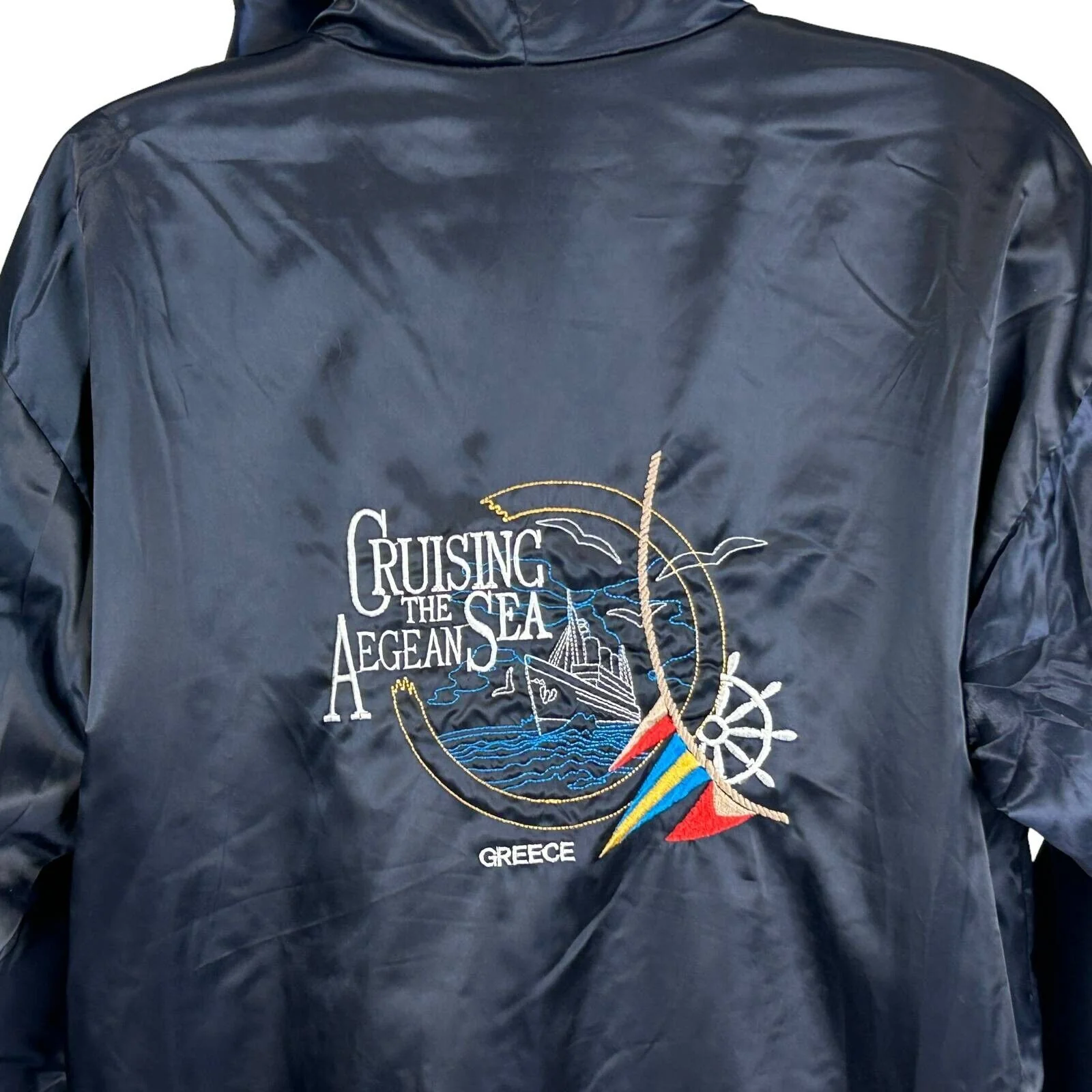Vintage 90s Greece Satin Jacket Cruising the Aegean Sea Blue Womens XL X-Large - Image 6