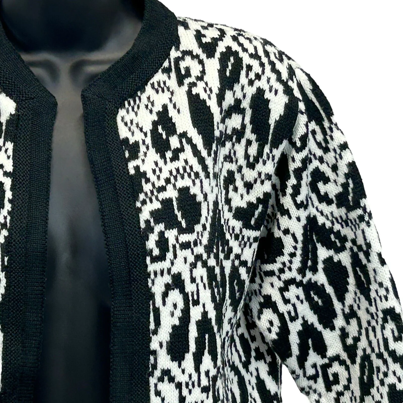 Vintage 60s Open Front Cardigan Sweater Black White Floral Lampl Womens M Medium - Image 4